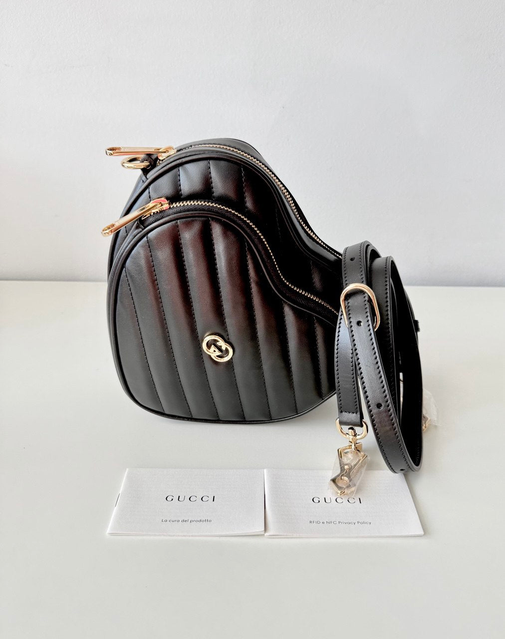 Interlocking Black G Heart Shoulder Bag Diagonal Quilted Mini