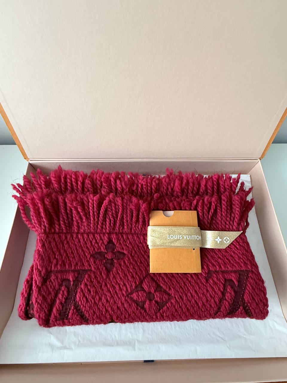 Monogram Knit Scarf Red Wool Silk Pre-owned with Box
