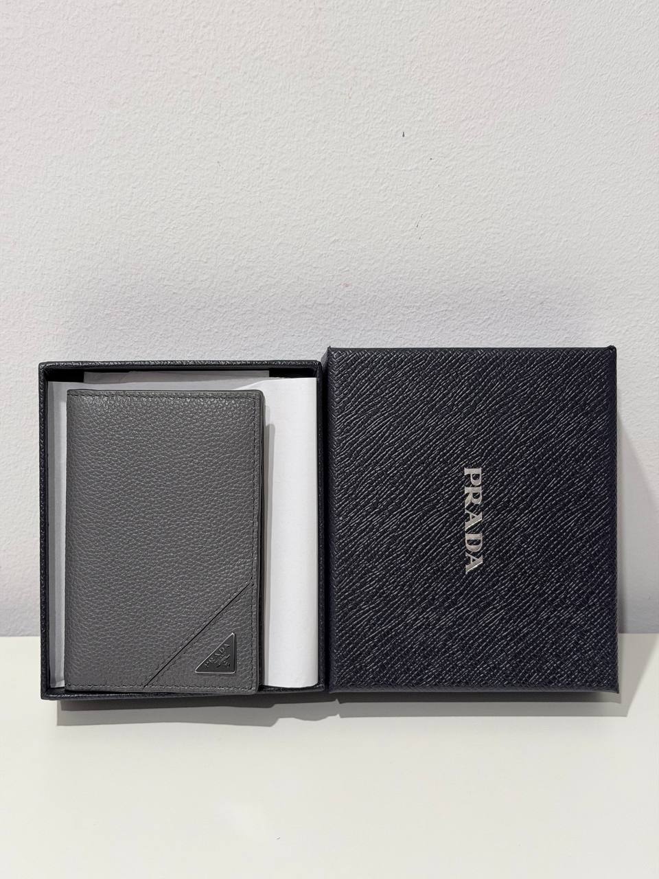 Authentic Prada Grey Saffiano Leather Bifold Wallet – Pre-Owned with Original Box