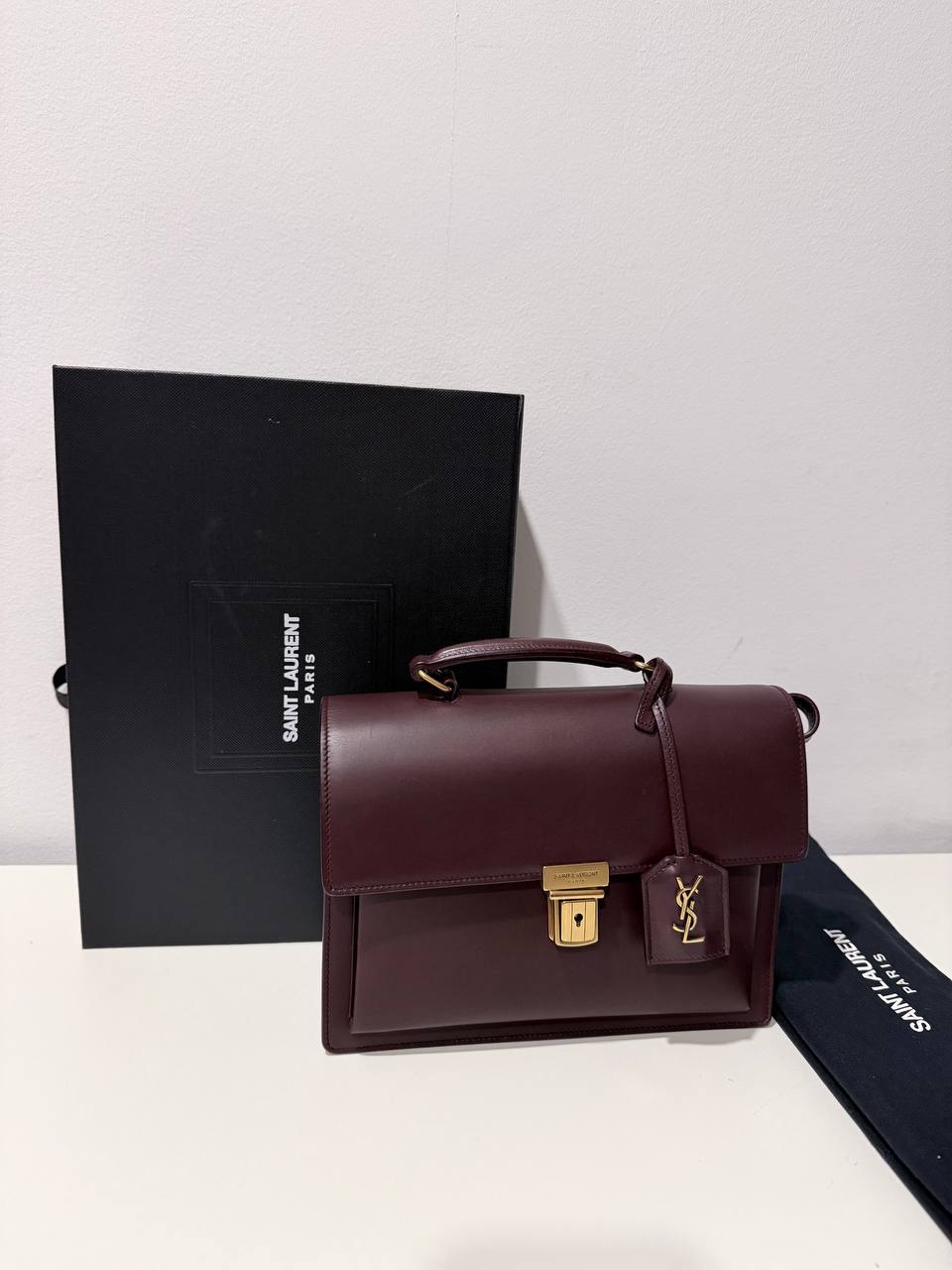 Pre-Loved Designer Style Burgundy Structured Top Handle Bag with Gold-Tone Hardware