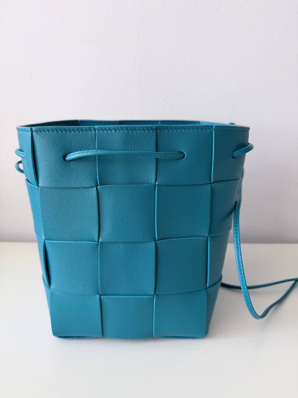 Intrecciato Leather Mini Bucket Crossbody Bag – Turquoise Blue