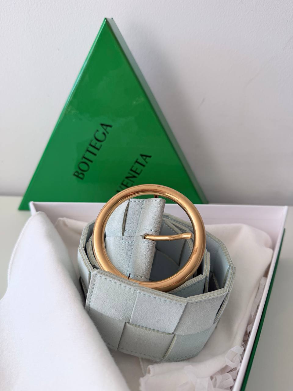 Intreccio Leather Belt – Light Blue (Pre-Owned) – Size 75 cm