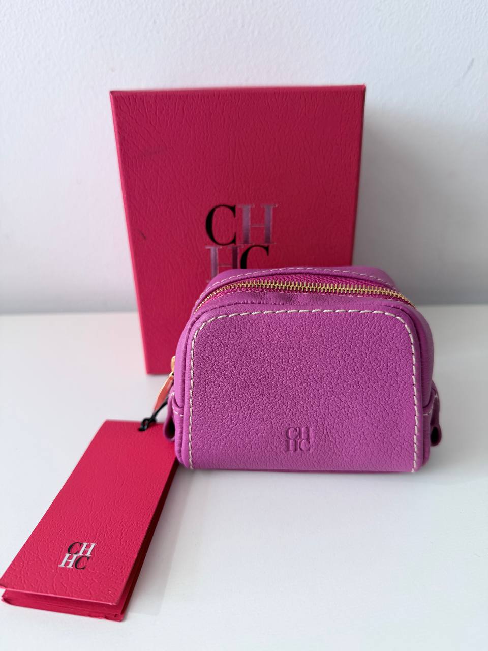 Mini Leather Coin Purse / Pouch – Pink Textured Leather with Gold Hardware