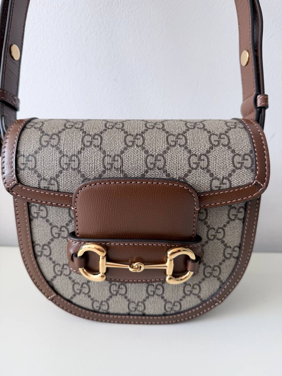 Pre-Loved GG Monogram Canvas Small Shoulder Bag with Brown Leather Trim & Gold Hardware