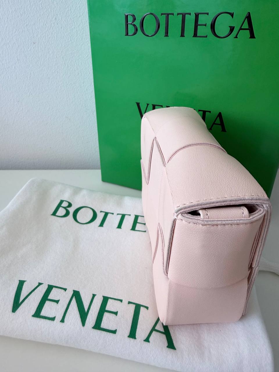 Pre-Loved Intrecciato Woven Leather Mini Crossbody Bag in Blush Pink with Adjustable Strap