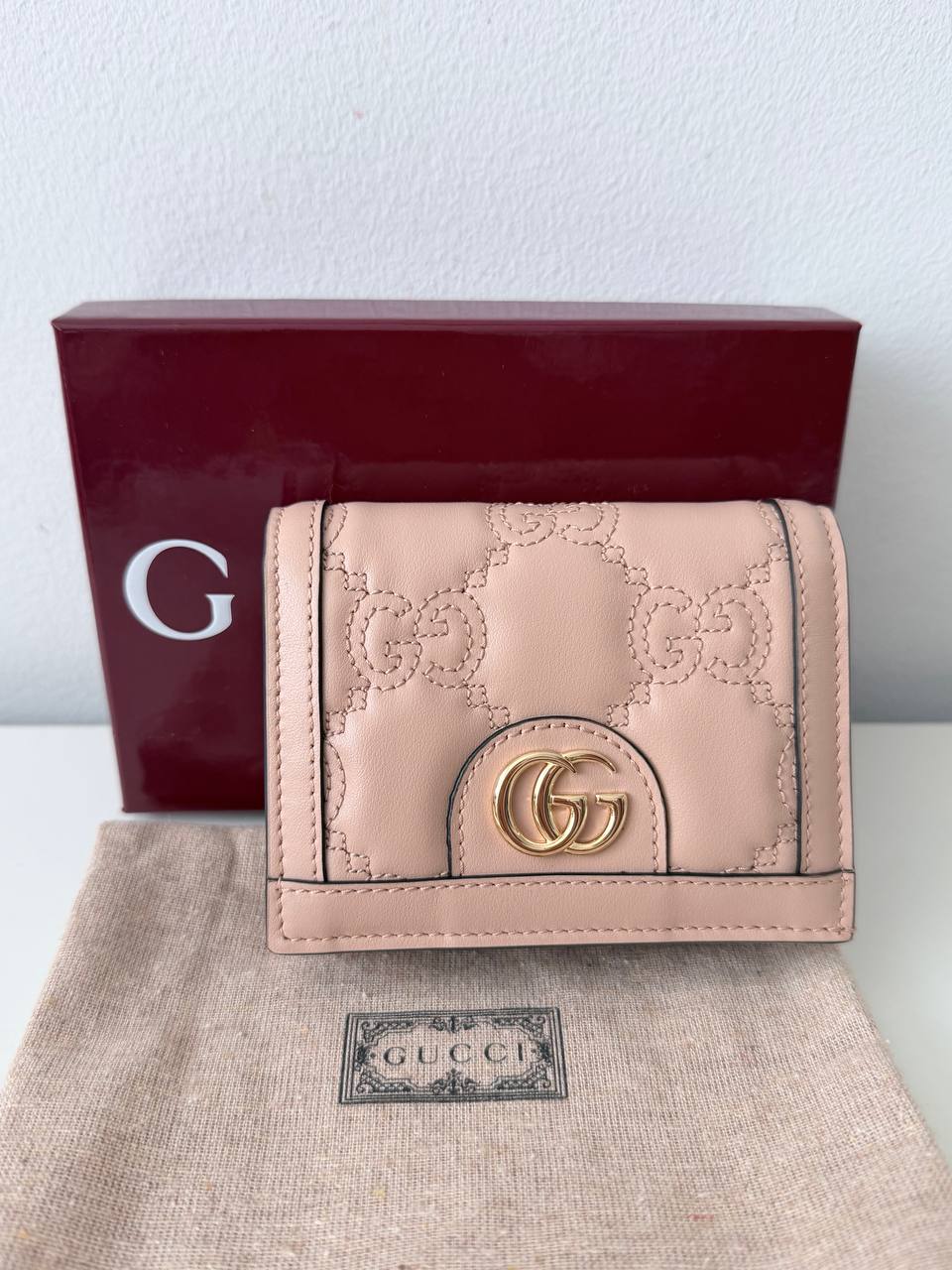 GG Matelassé Card Case Wallet Rose Porcelaine