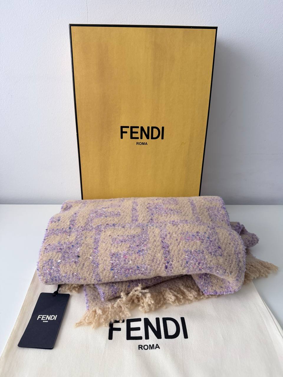 Bufanda FF Motif en Lana y Mohair Multicolor - Beige