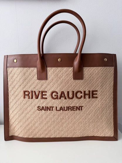 Bolso Tote Saint Laurent Rive Gauche en Rafia Trenzada y Piel Marrón