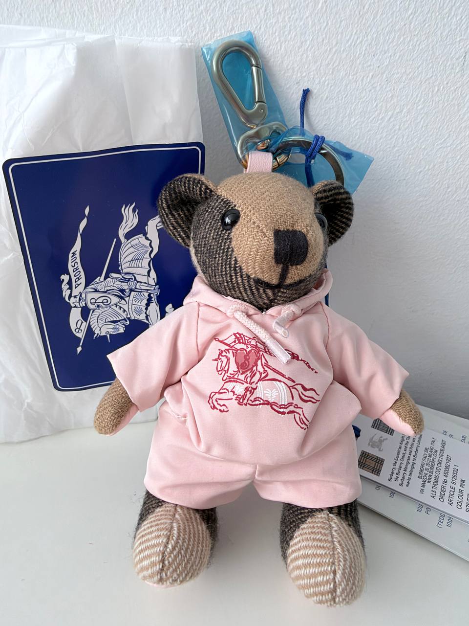 Llavero Charm de Bolso Burberry Thomas Bear en Lana Cuadros Vintage con Sudadera Rosa