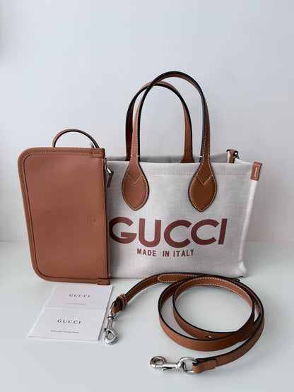 Mini Shopper Gucci Heritage Logo en Lona y Piel Marrón