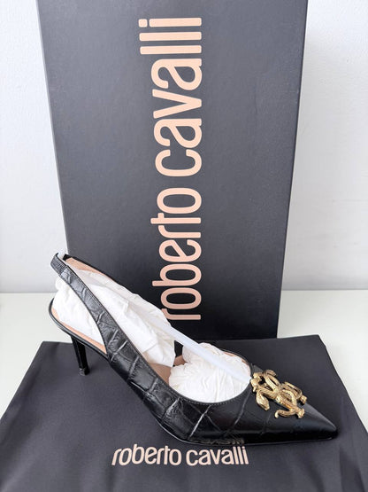 Zapatos de Tacón Roberto Cavalli Croc-Embossed Talla 38 en Piel Negra
