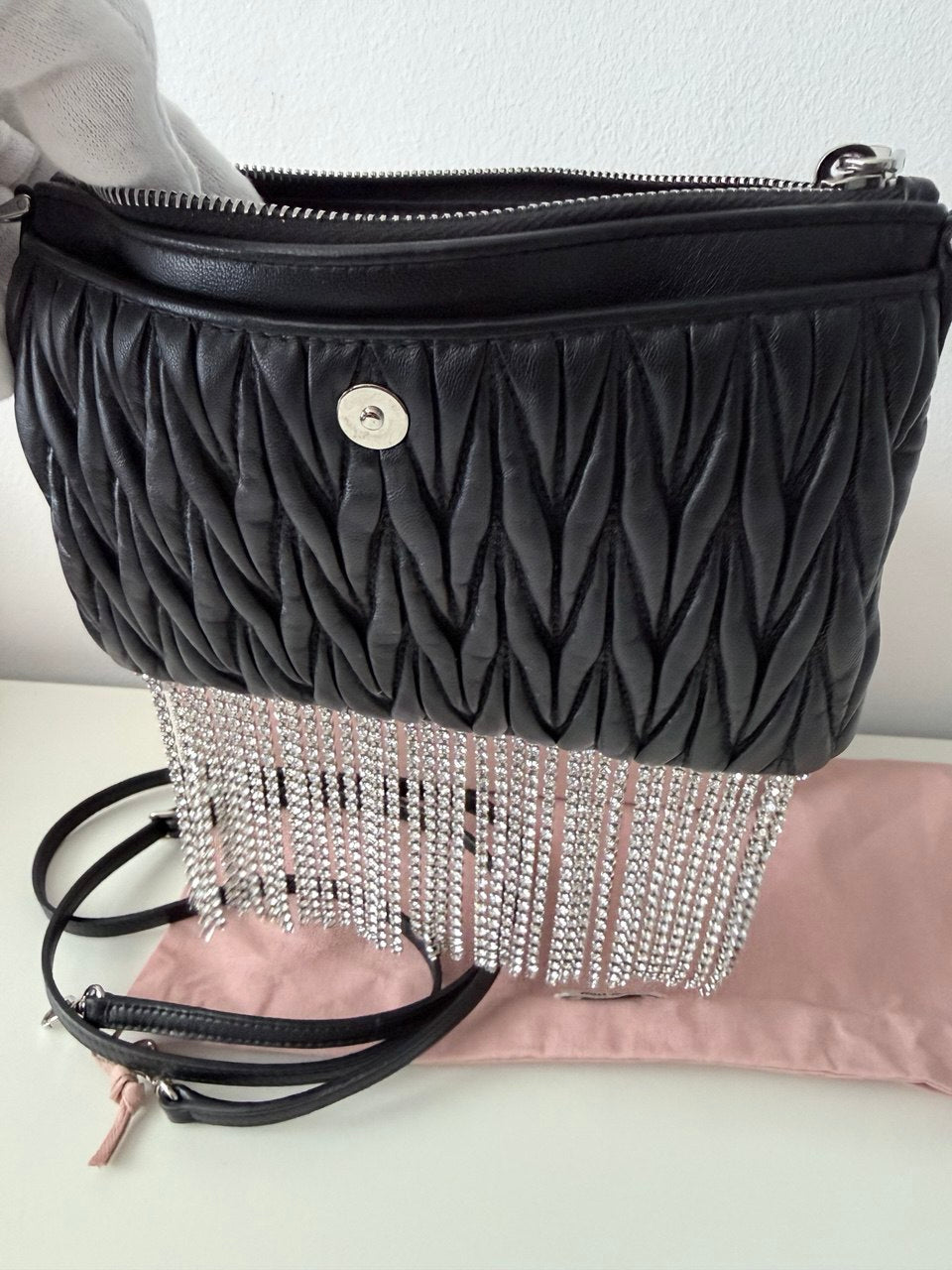 Matelassé Fringe Crossbody Bag – Black (Pre owned)
