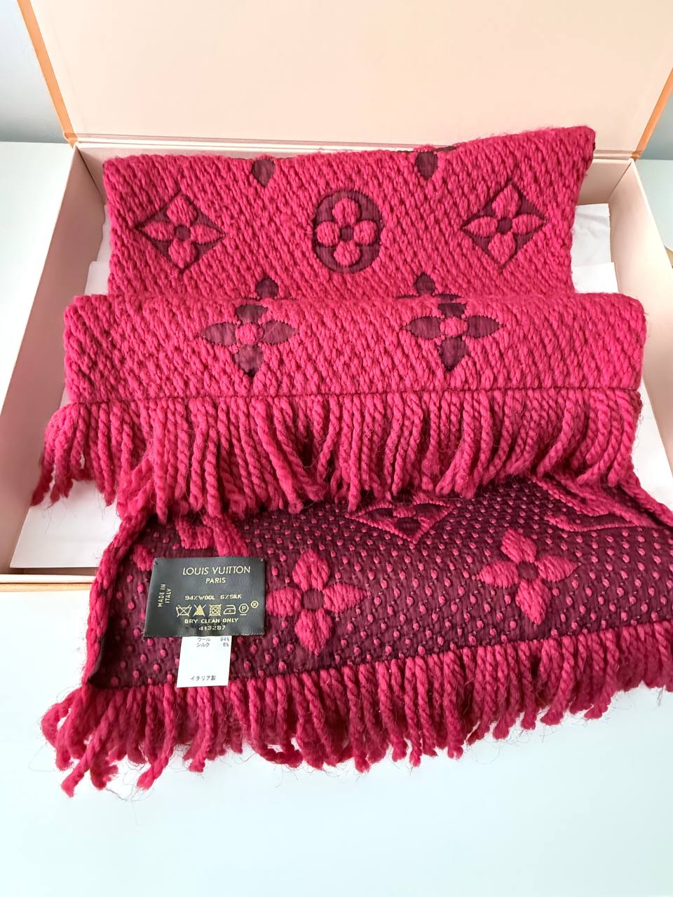 Monogram Knit Scarf Red Wool Silk Pre-owned with Box
