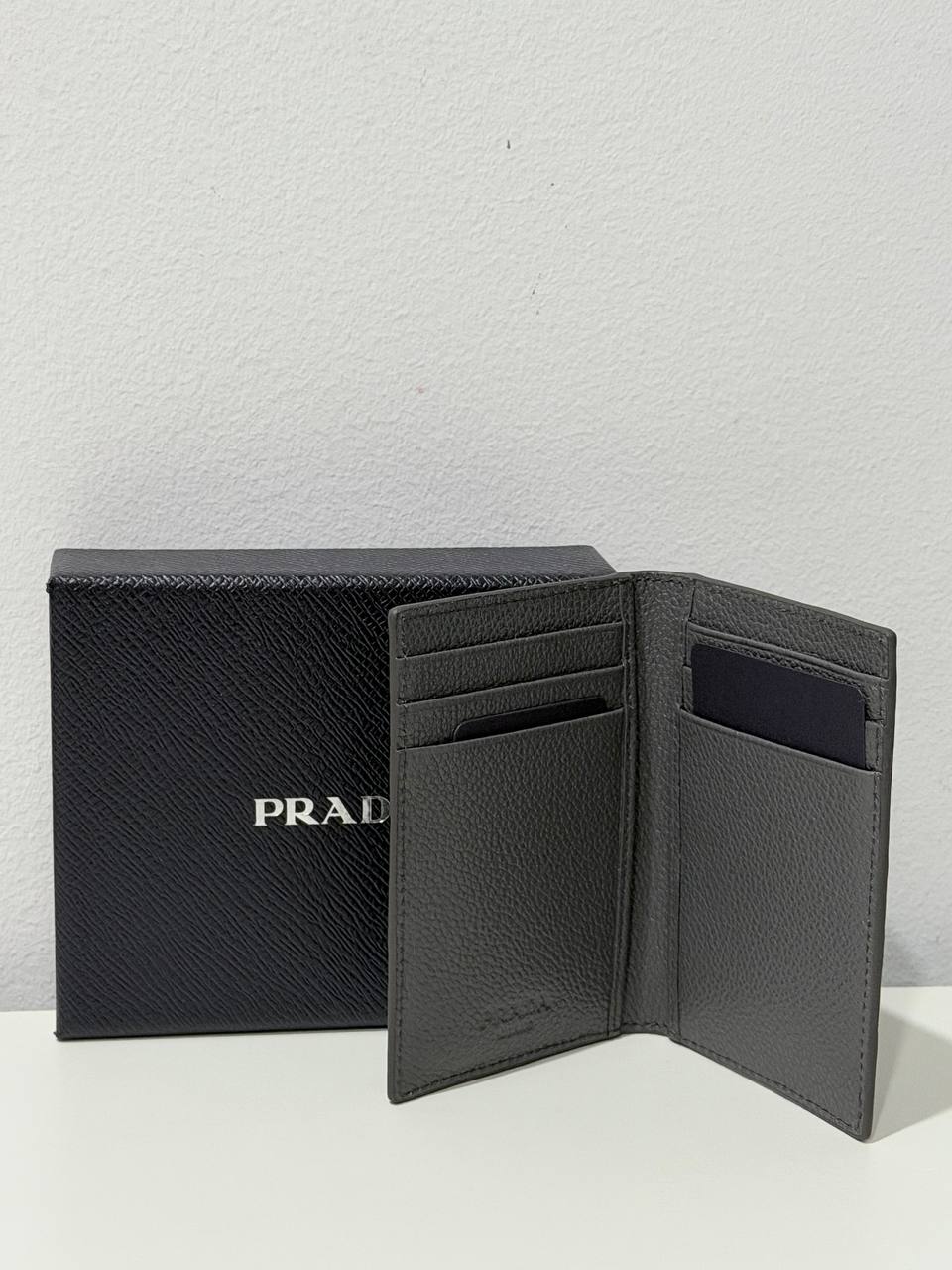Authentic Prada Grey Saffiano Leather Bifold Wallet – Pre-Owned with Original Box