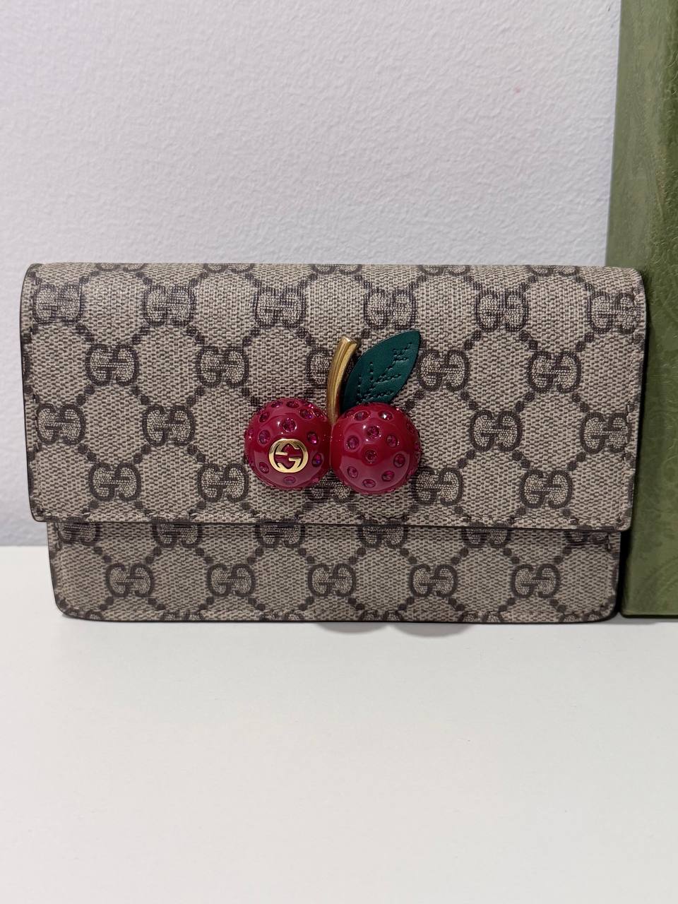 Authentic Gucci GG Supreme Cherry Wallet on Chain – Beige & Red – Pre-Owned with Box