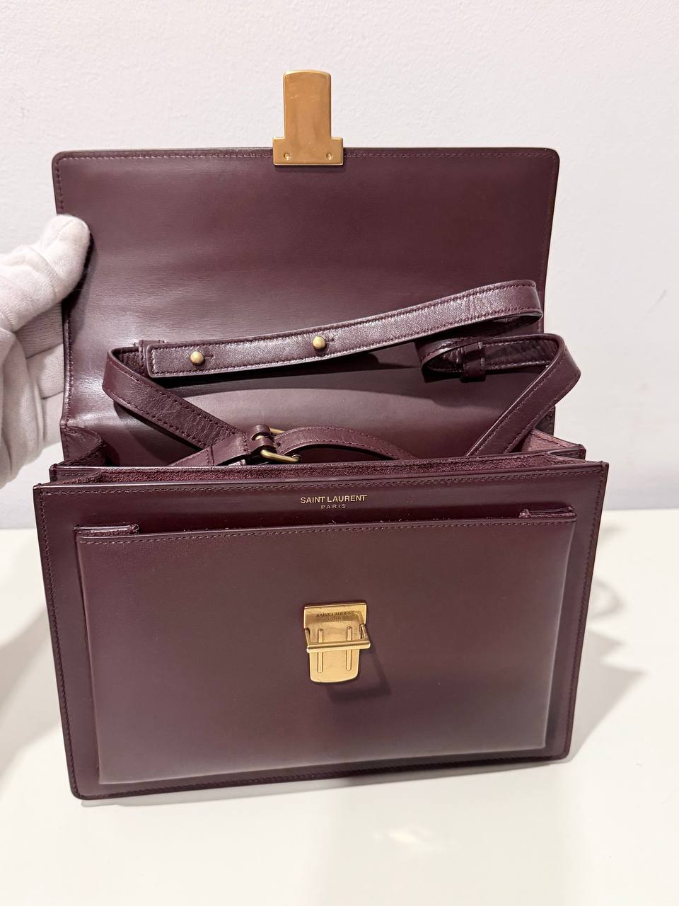 Pre-Loved Designer Style Burgundy Structured Top Handle Bag with Gold-Tone Hardware