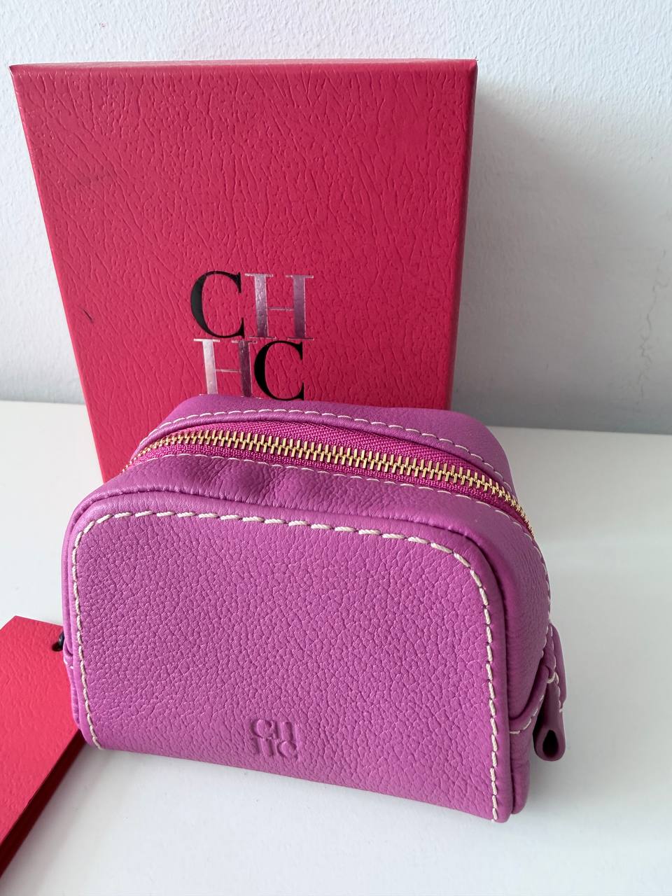 Mini Leather Coin Purse / Pouch – Pink Textured Leather with Gold Hardware