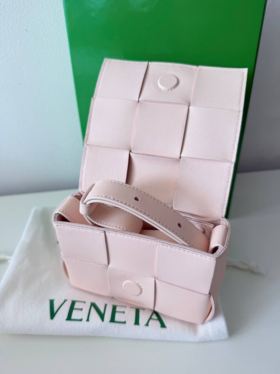 Pre-Loved Intrecciato Woven Leather Mini Crossbody Bag in Blush Pink with Adjustable Strap