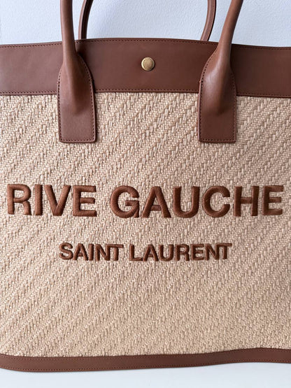 Bolso Tote Saint Laurent Rive Gauche en Rafia Trenzada y Piel Marrón