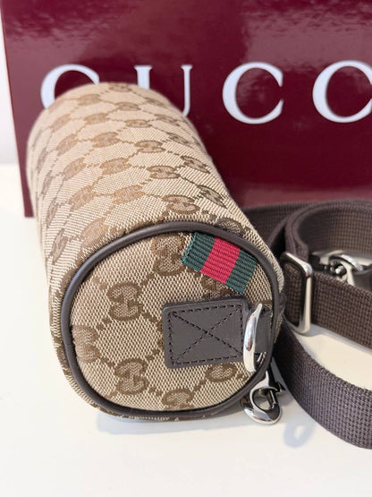Mini Barrel Bag Gucci GG Canvas en Lona Beige y Piel Marrón Oscuro