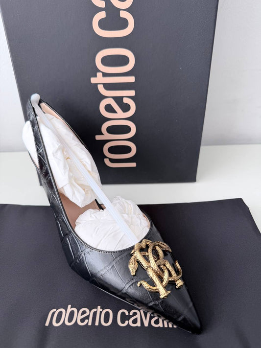 Zapatos de Tacón Roberto Cavalli Croc-Embossed Talla 38 en Piel Negra