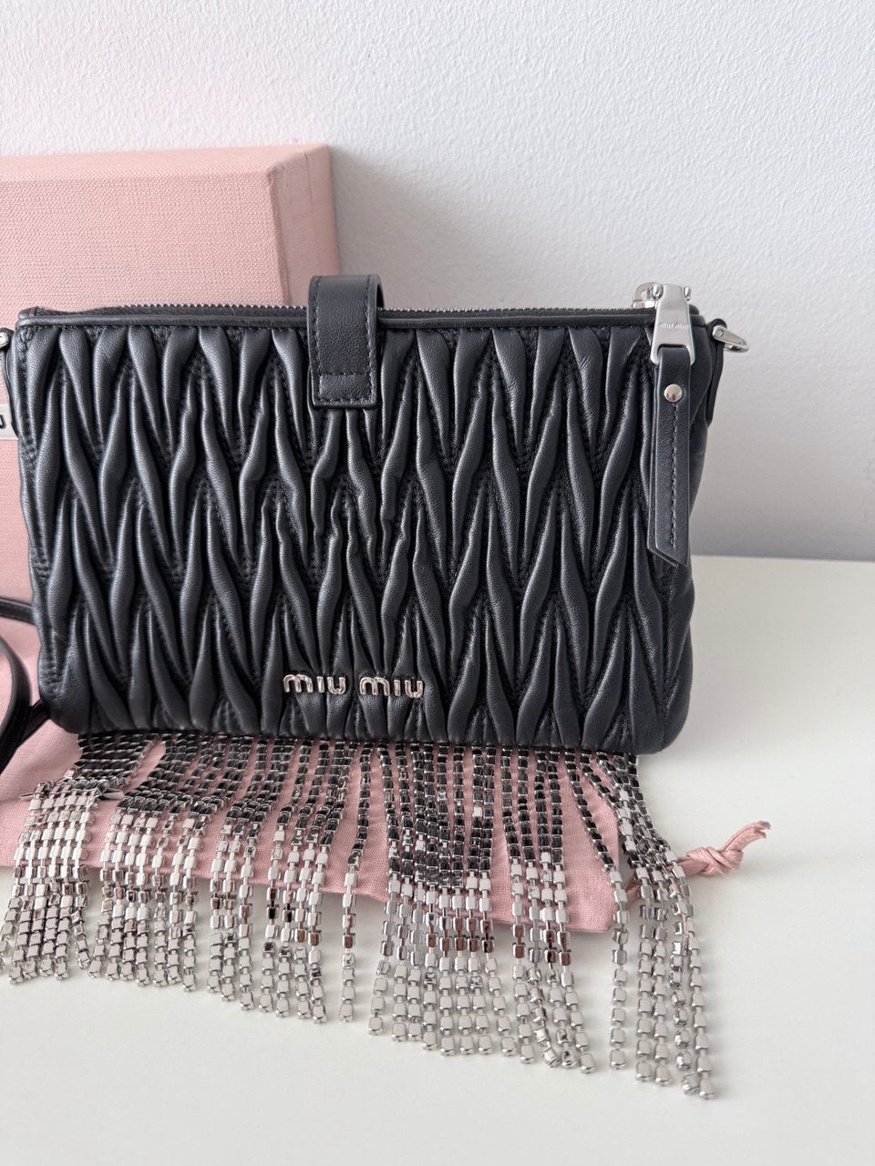 Matelassé Fringe Crossbody Bag – Black (Pre owned)