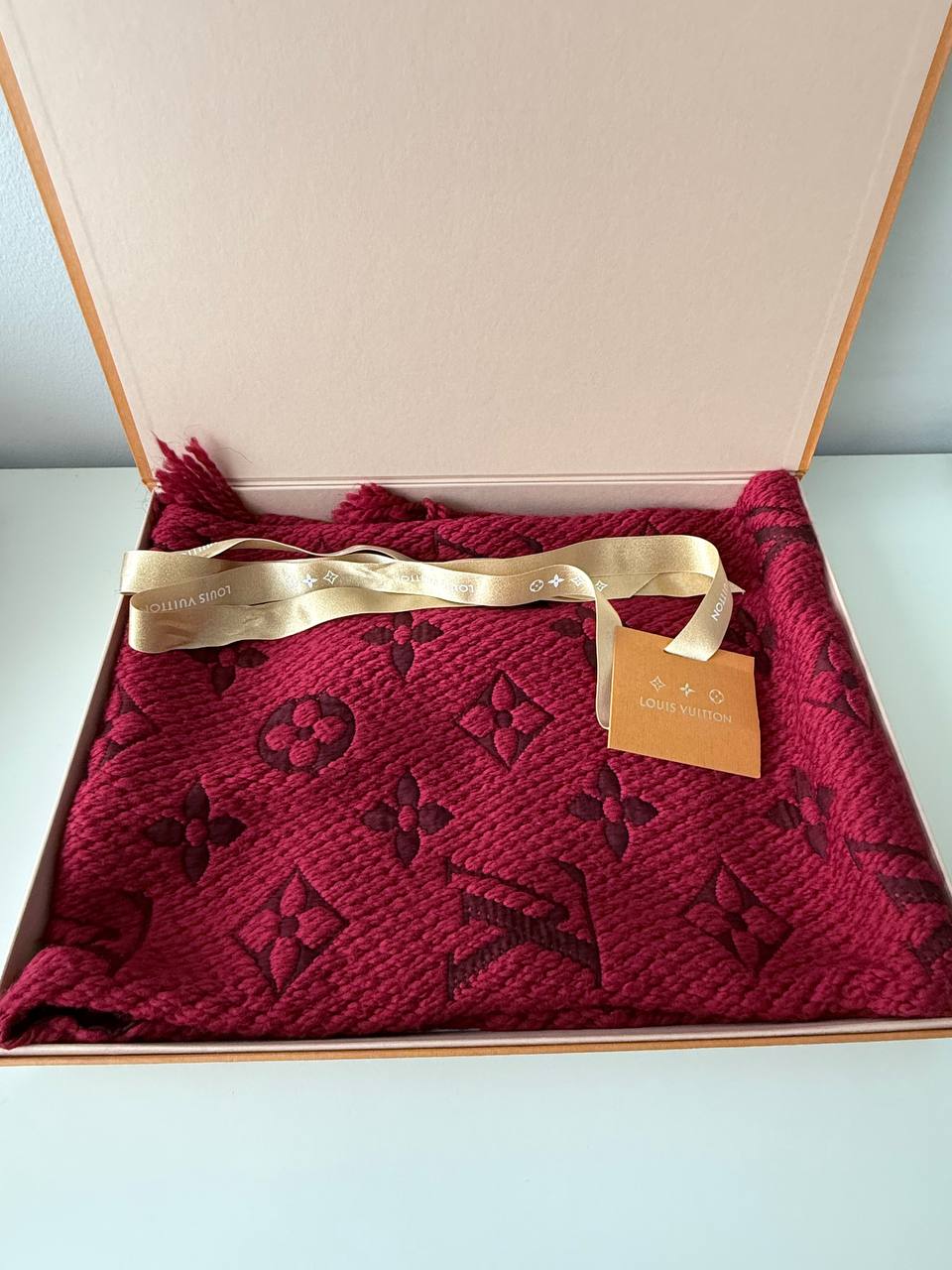 Monogram Knit Scarf Red Wool Silk Pre-owned with Box