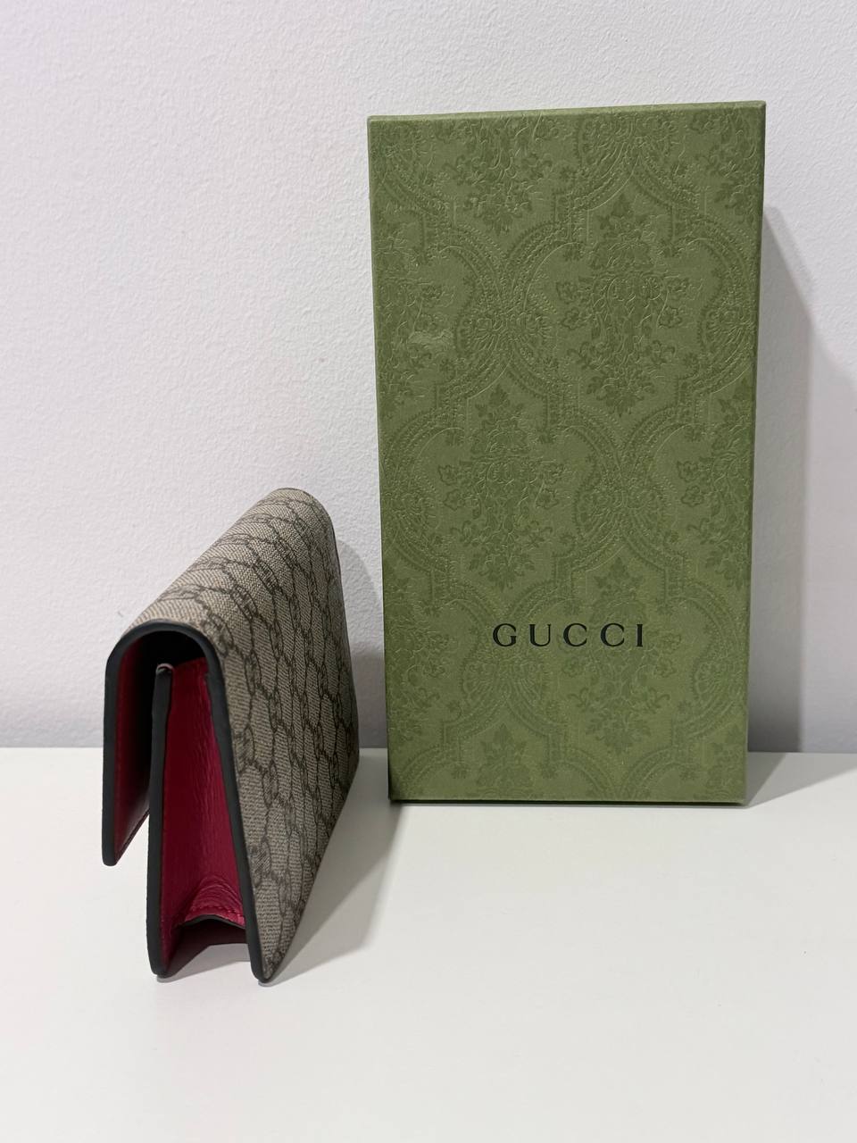 Authentic Gucci GG Supreme Cherry Wallet on Chain – Beige & Red – Pre-Owned with Box
