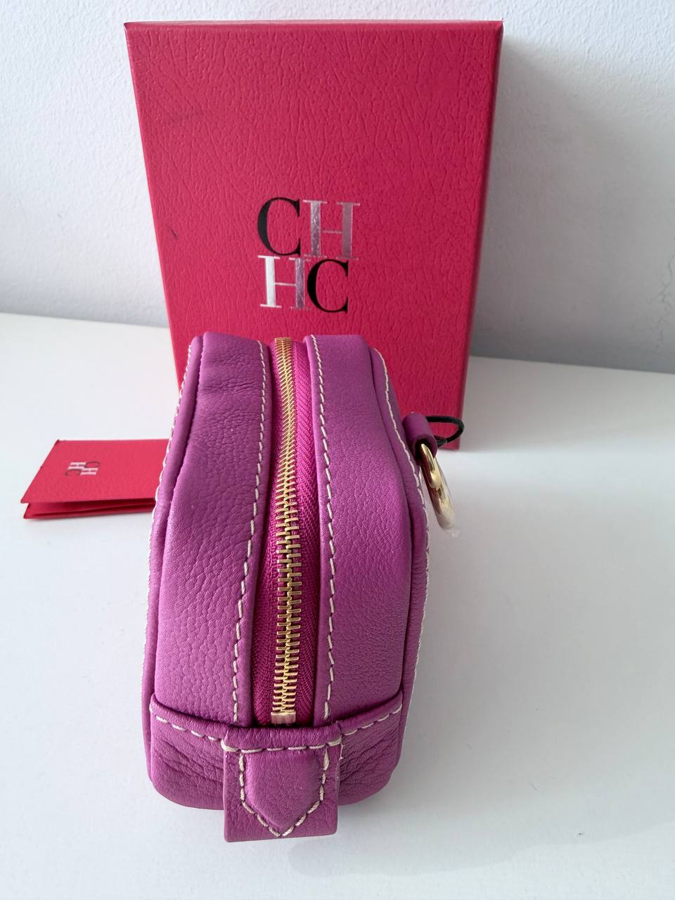 Mini Leather Coin Purse / Pouch – Pink Textured Leather with Gold Hardware