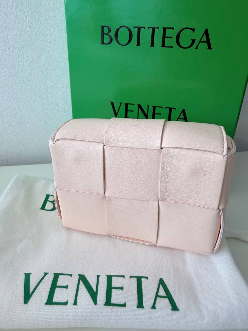 Pre-Loved Intrecciato Woven Leather Mini Crossbody Bag in Blush Pink with Adjustable Strap