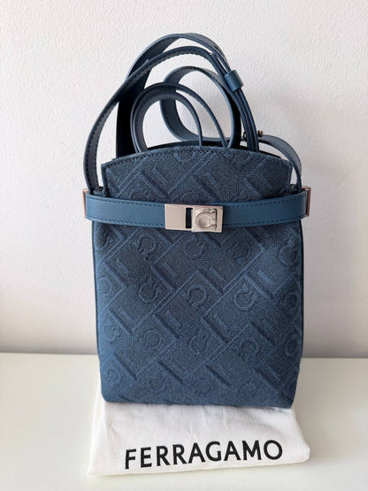 Pre-Owned Monogram Jacquard Mini Bucket Bag – Blue Canvas with Leather Trim