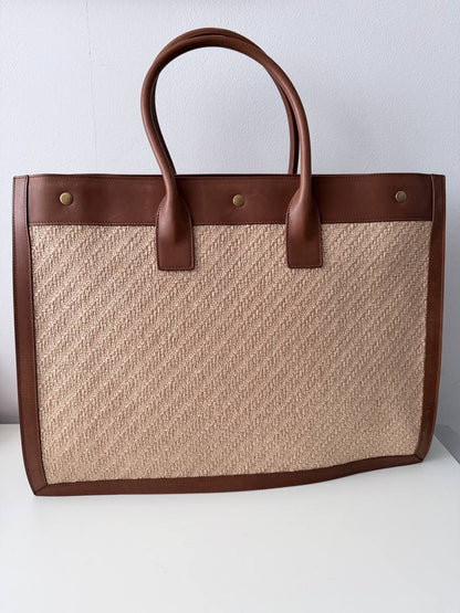Bolso Tote Saint Laurent Rive Gauche en Rafia Trenzada y Piel Marrón