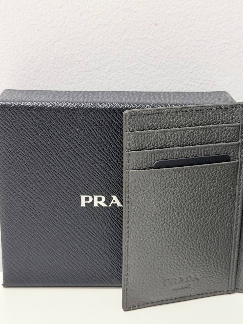 Authentic Prada Grey Saffiano Leather Bifold Wallet – Pre-Owned with Original Box