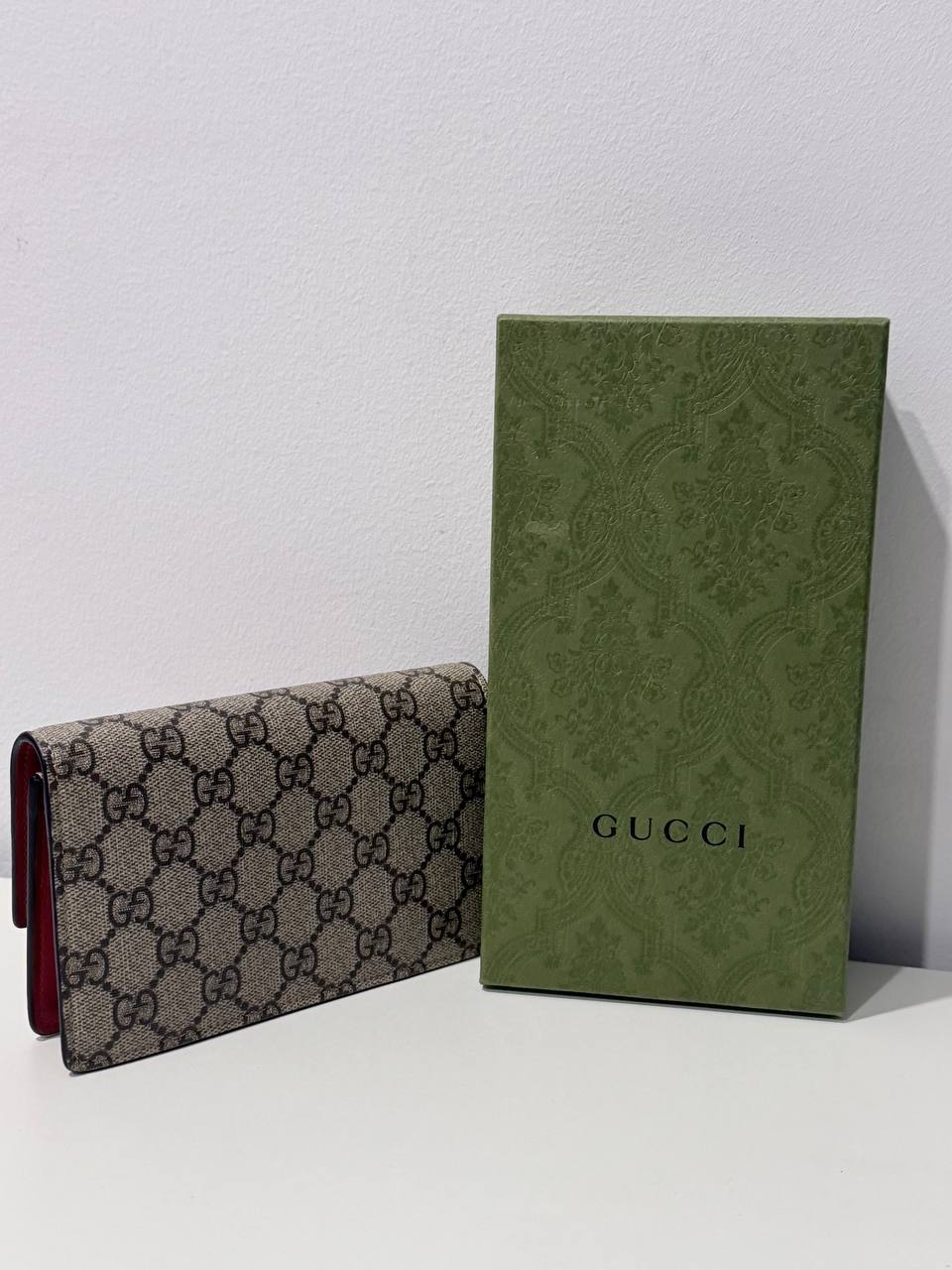Authentic Gucci GG Supreme Cherry Wallet on Chain – Beige & Red – Pre-Owned with Box