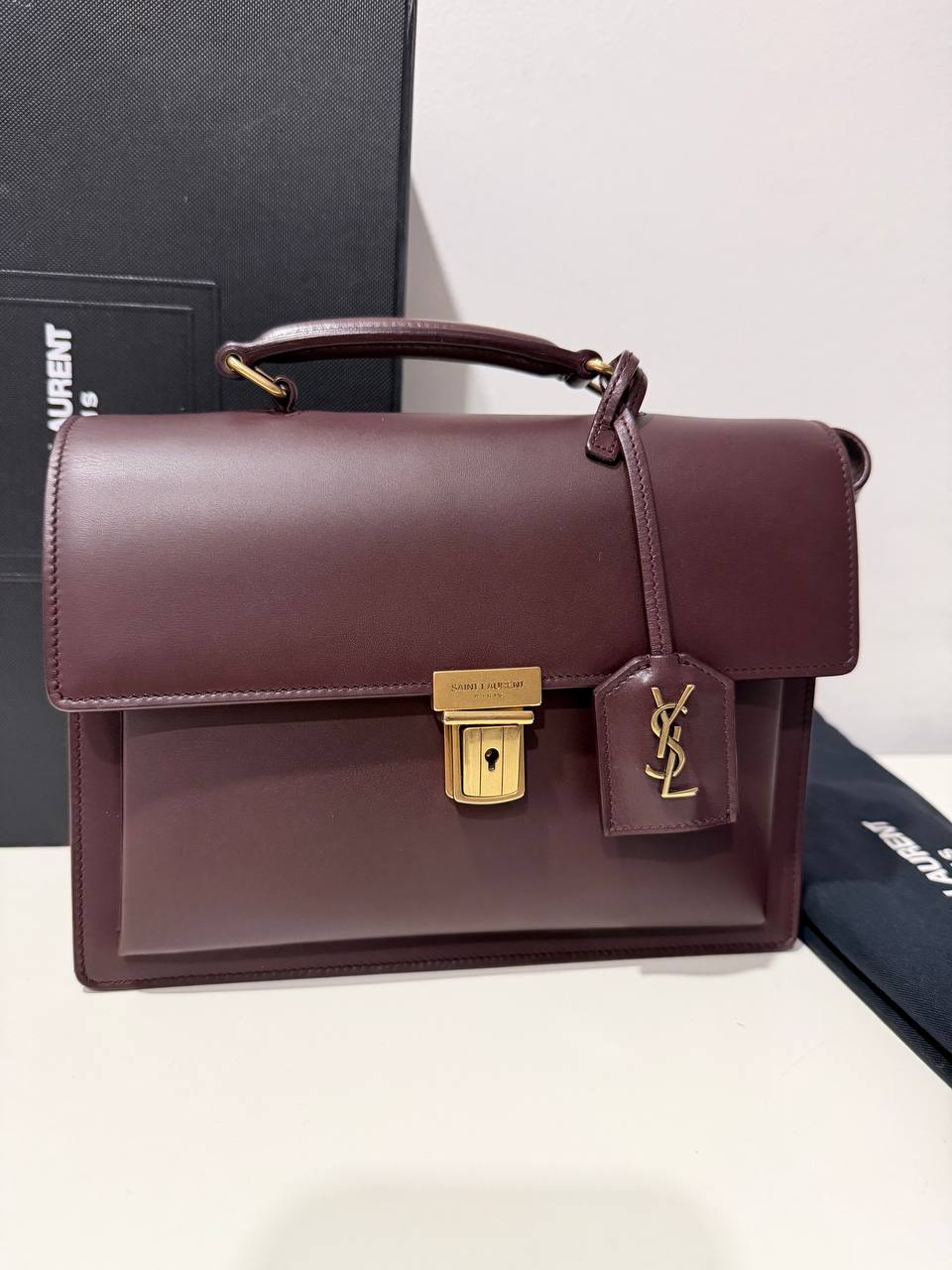 Pre-Loved Designer Style Burgundy Structured Top Handle Bag with Gold-Tone Hardware