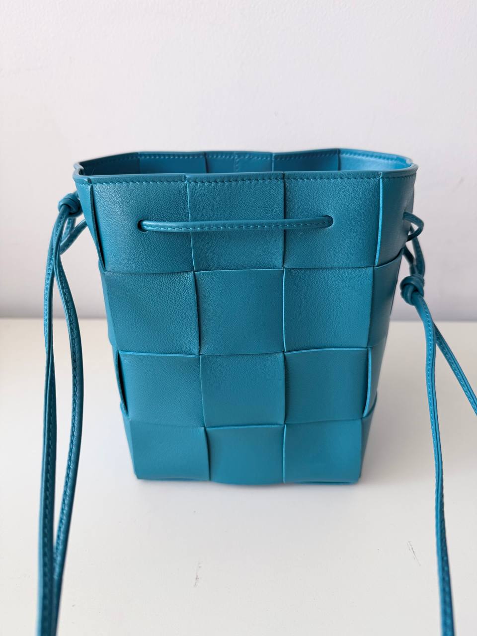 Intrecciato Leather Mini Bucket Crossbody Bag – Turquoise Blue