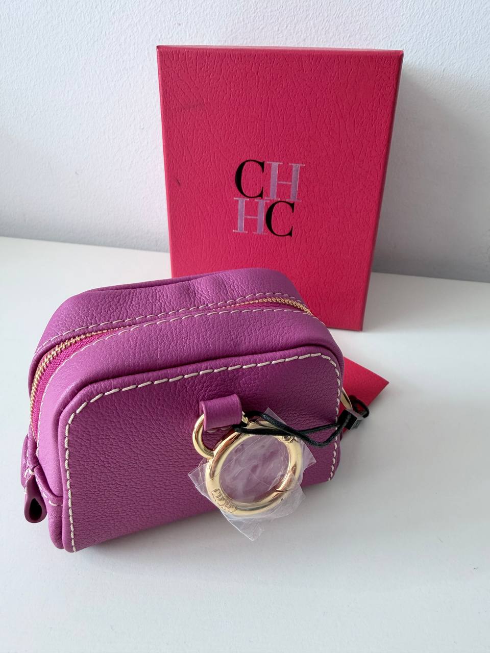 Mini Leather Coin Purse / Pouch – Pink Textured Leather with Gold Hardware