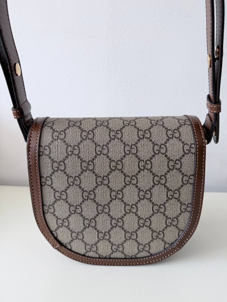 Pre-Loved GG Monogram Canvas Small Shoulder Bag with Brown Leather Trim & Gold Hardware