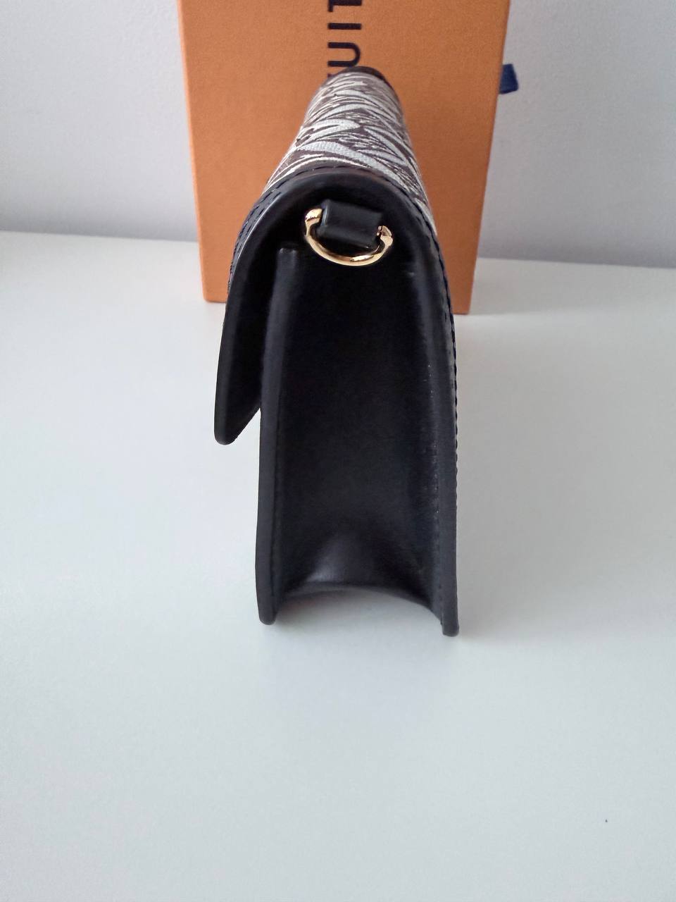 Pre-Loved Designer Style Chain Wallet Crossbody Bag – Black & White Canvas with Gold-Tone Hardware