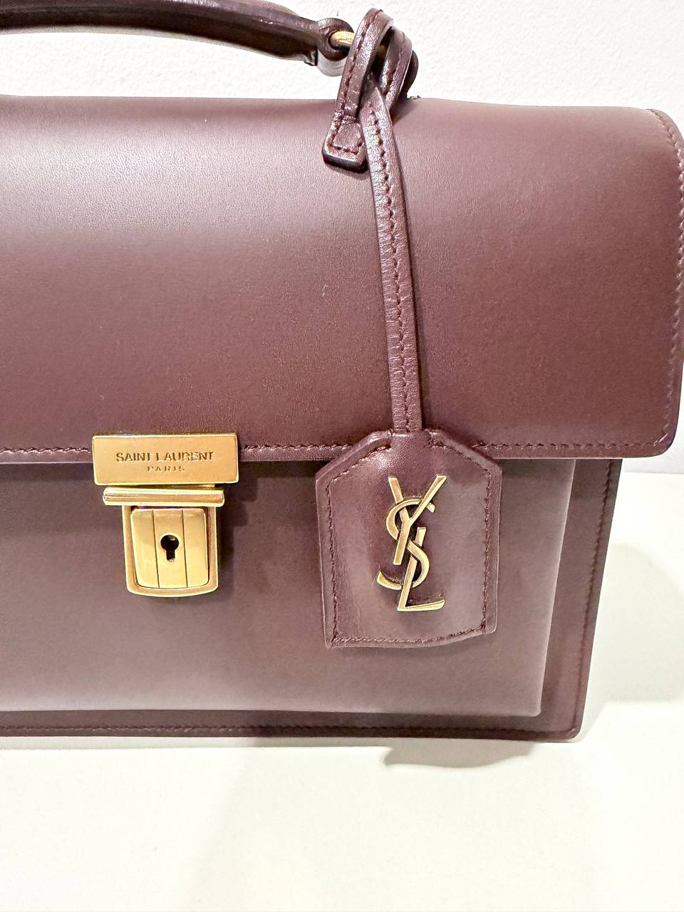 Pre-Loved Designer Style Burgundy Structured Top Handle Bag with Gold-Tone Hardware