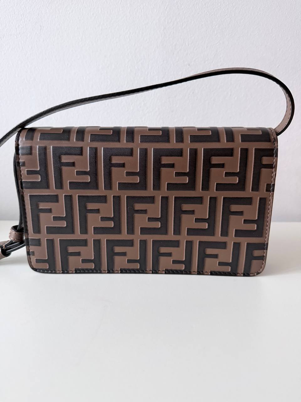 Logo Embossed Leather Wallet on Strap – Brown & Black | Pre-Loved