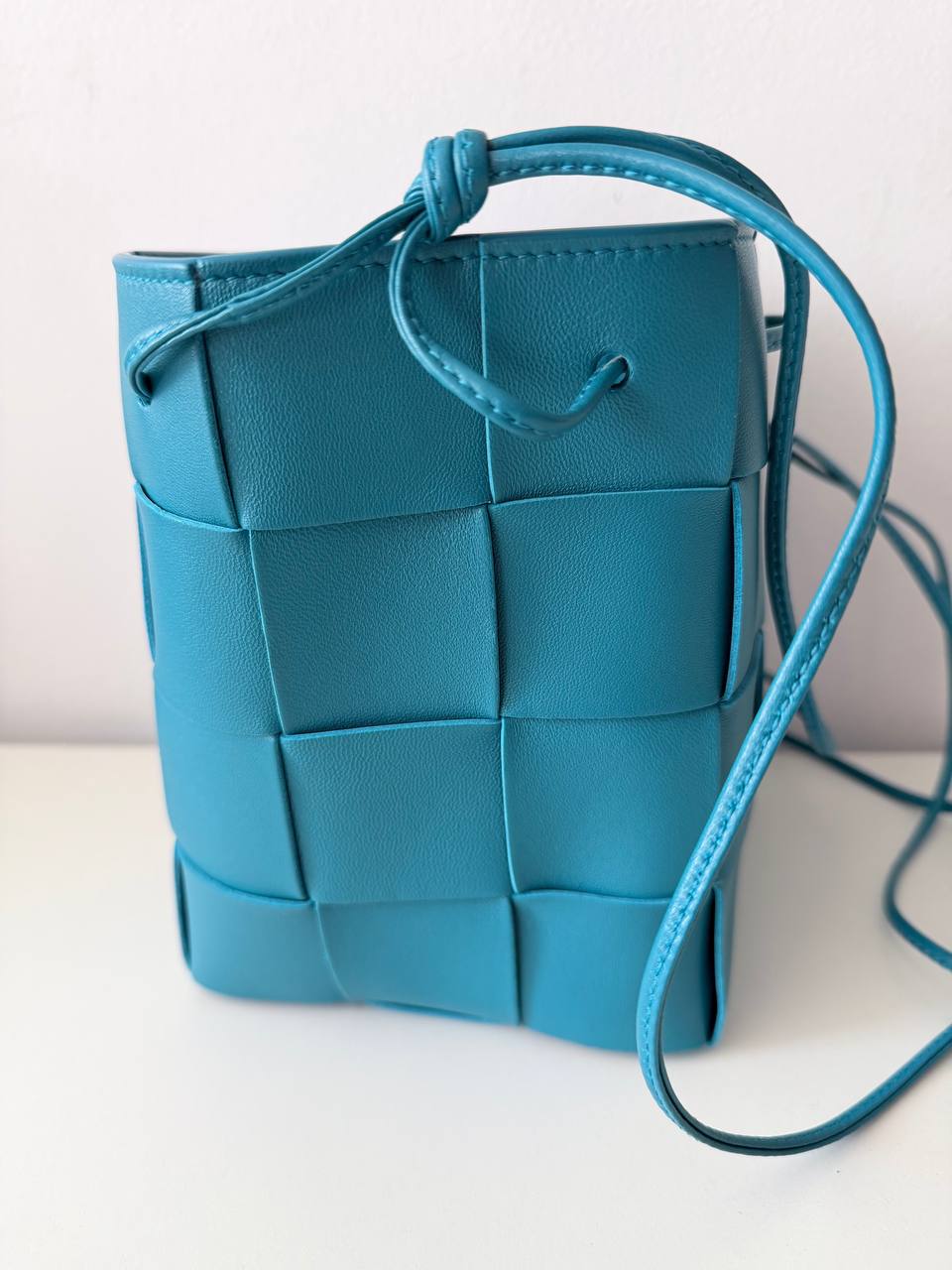 Intrecciato Leather Mini Bucket Crossbody Bag – Turquoise Blue