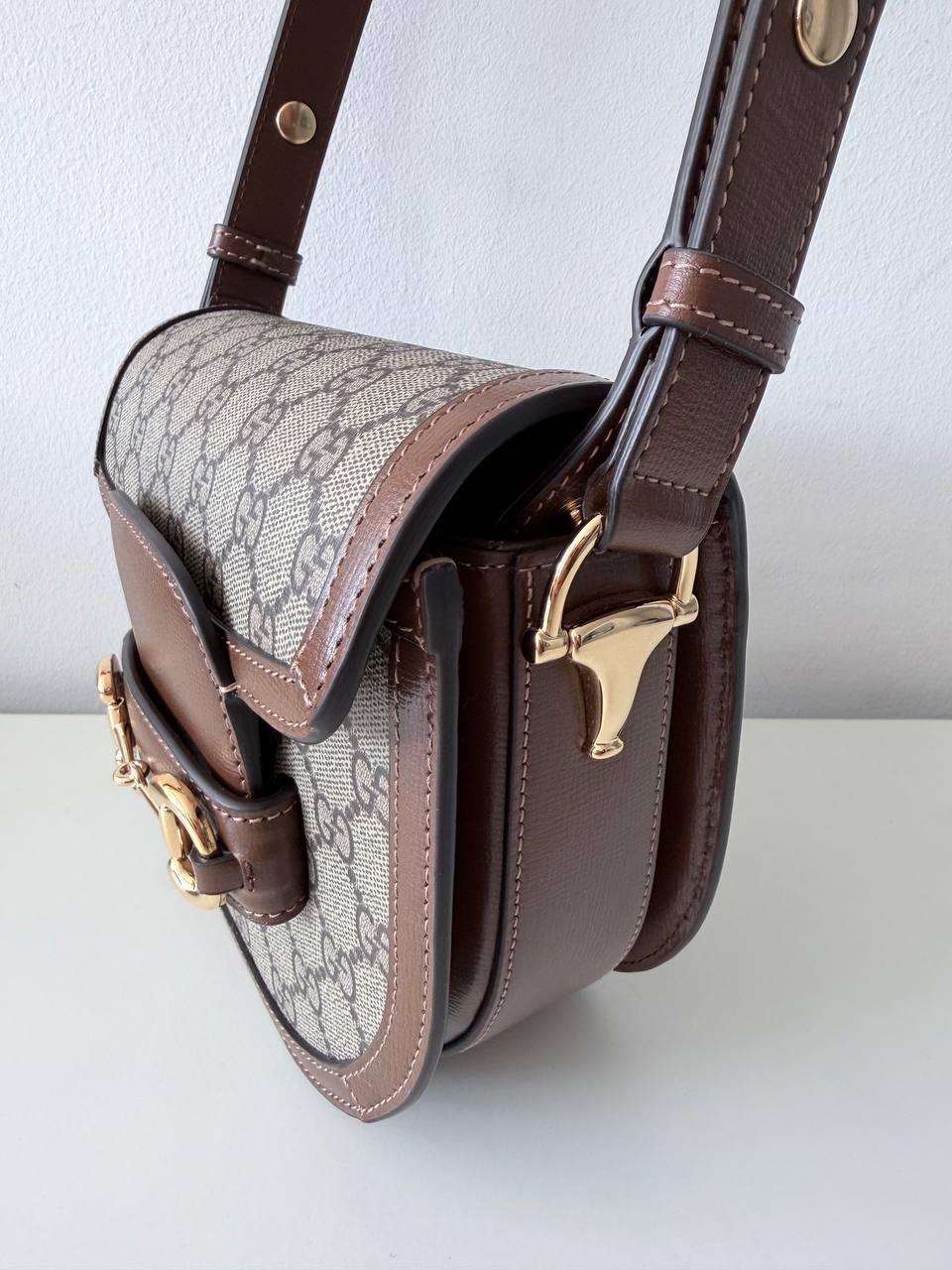 Pre-Loved GG Monogram Canvas Small Shoulder Bag with Brown Leather Trim & Gold Hardware