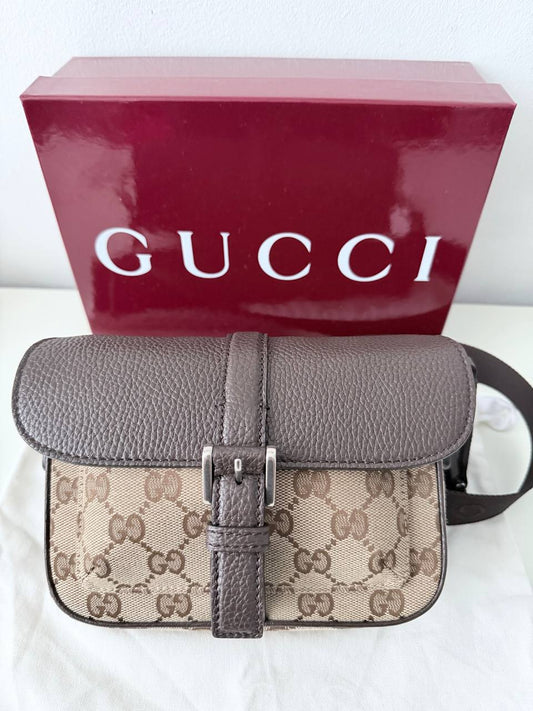 Bolso de Cintura Gucci GG Canvas & Leather Belt Bag / Waist Pouch en Lona Original GG Beige y Piel Café