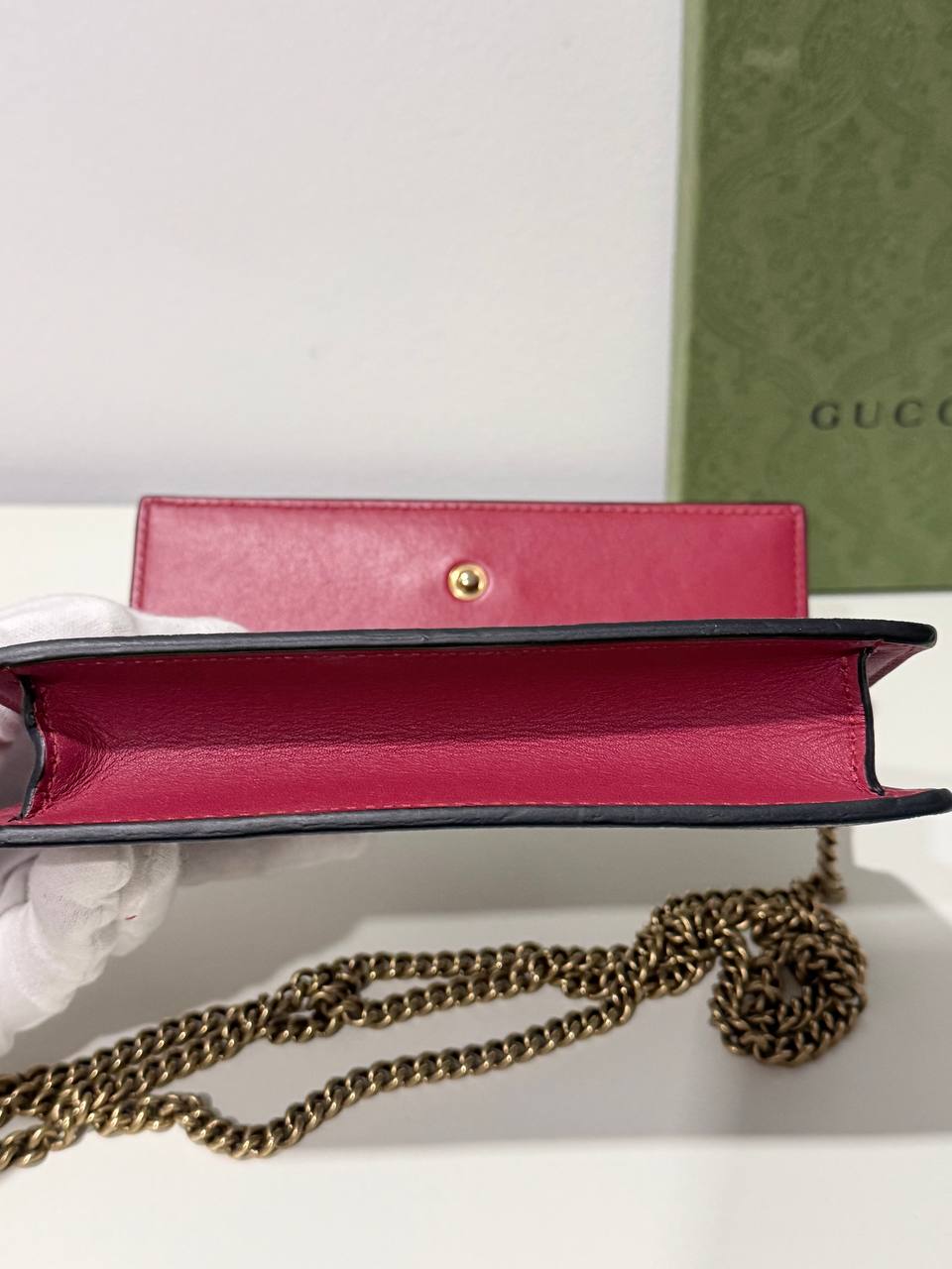 Authentic Gucci GG Supreme Cherry Wallet on Chain – Beige & Red – Pre-Owned with Box